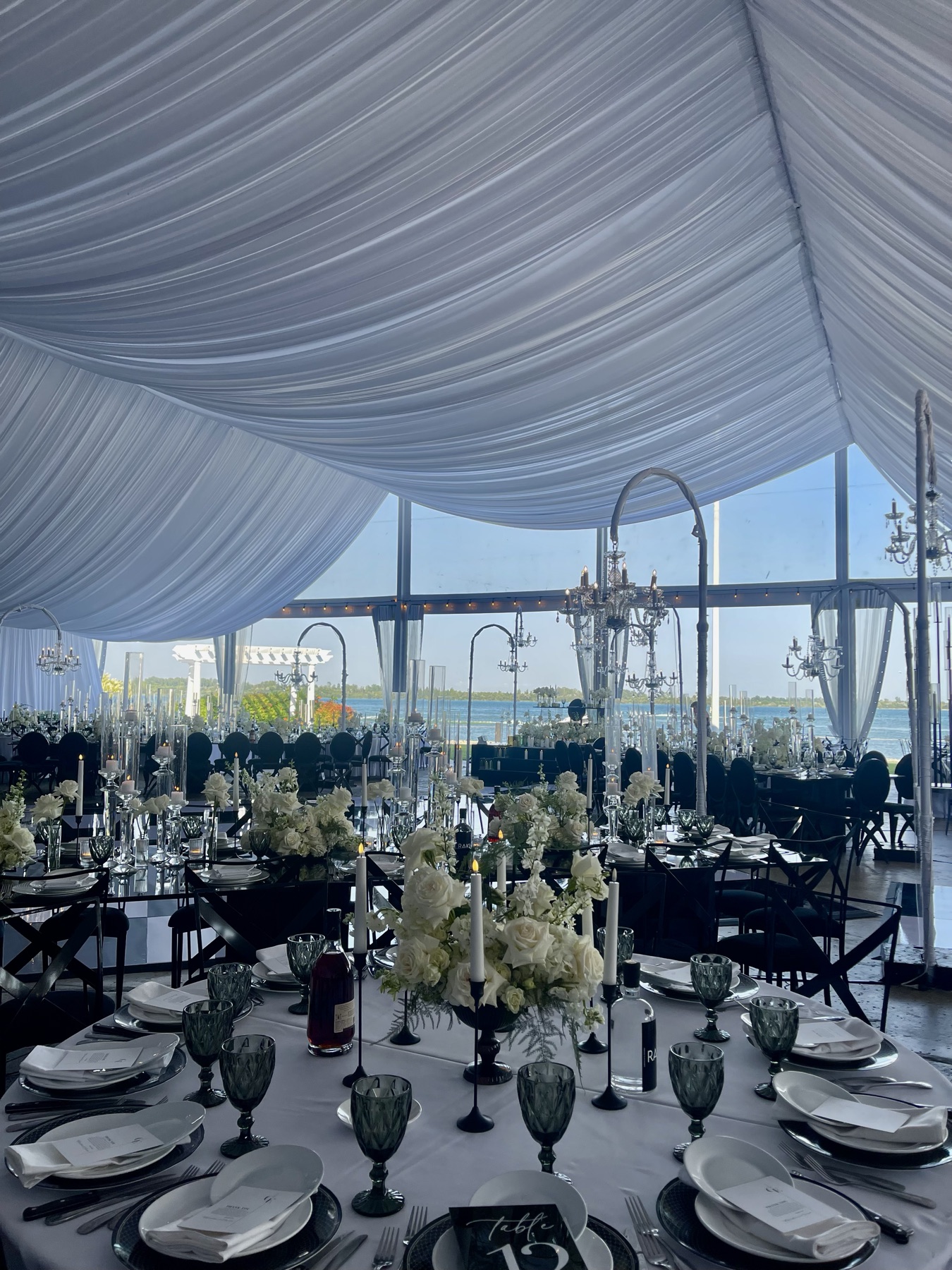 Waterfront pavilion reception with a Detroit River view